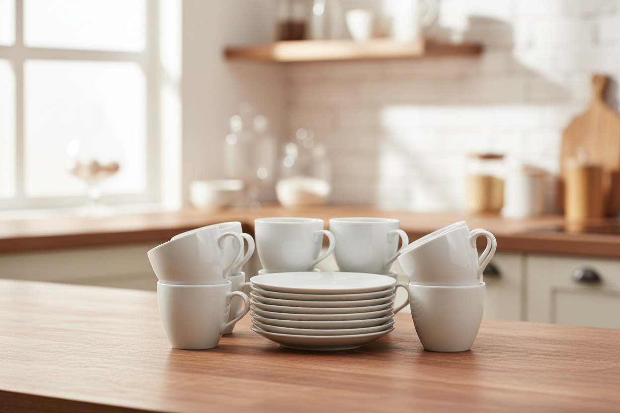 Set of white ceramic mugs and saucers in a cardboard box on a white background