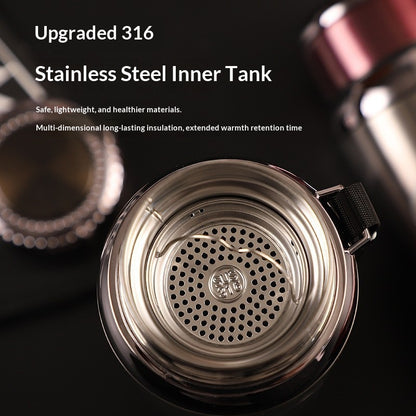 Stainless steel inner tank with text highlighting features on a dark background