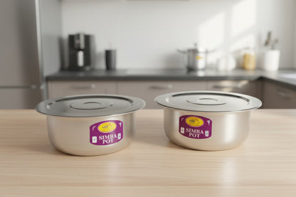 Metal pots with 'Simba Pot' branding on a table with colorful buckets in the background.