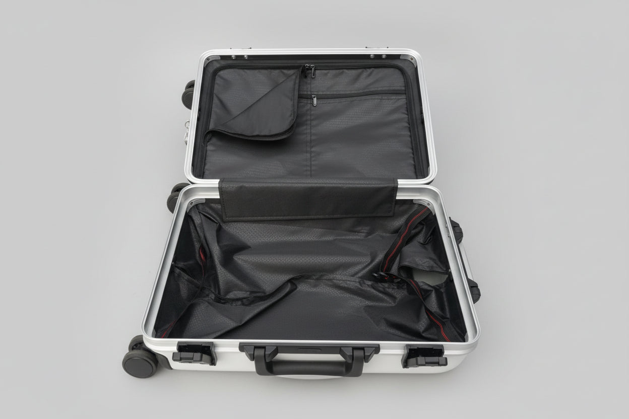 Open black suitcase with wheels on a concrete surface