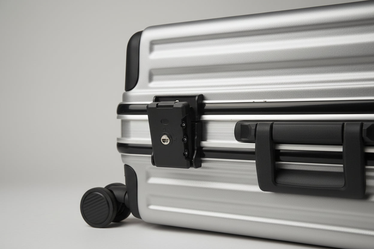 Silver suitcase with a handle and wheels on a textured surface