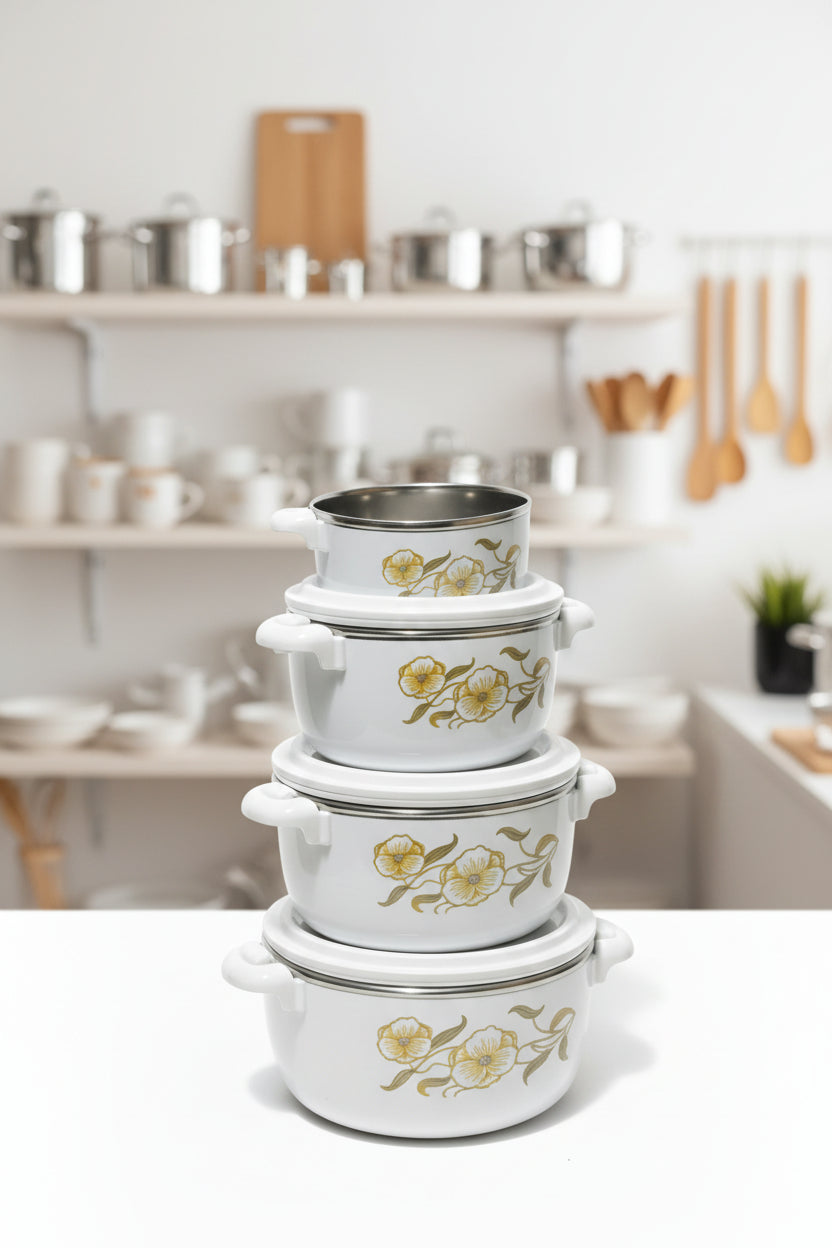 Stack of white bowls with floral patterns in a cardboard box.
