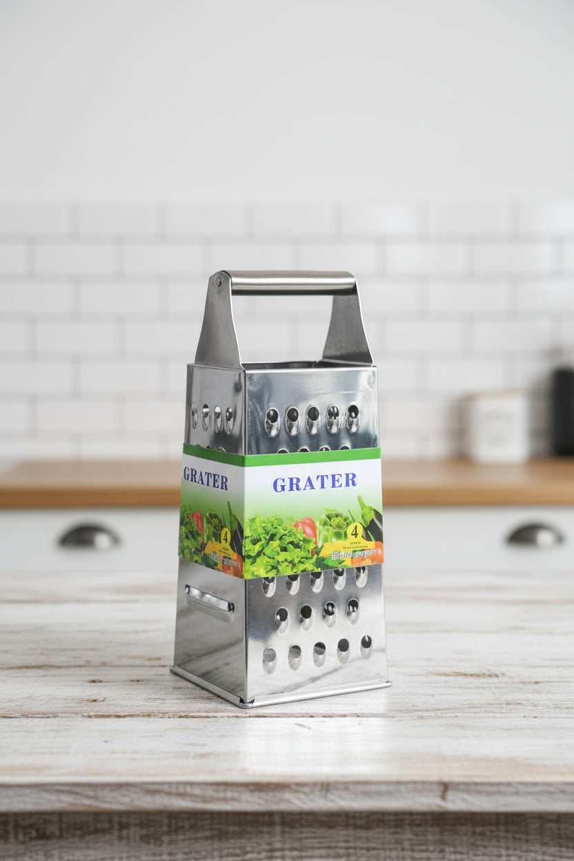 Metal grater held by a hand with a blurred background