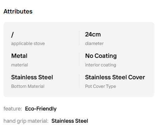 Product attributes of a stainless steel pot cover on a white background