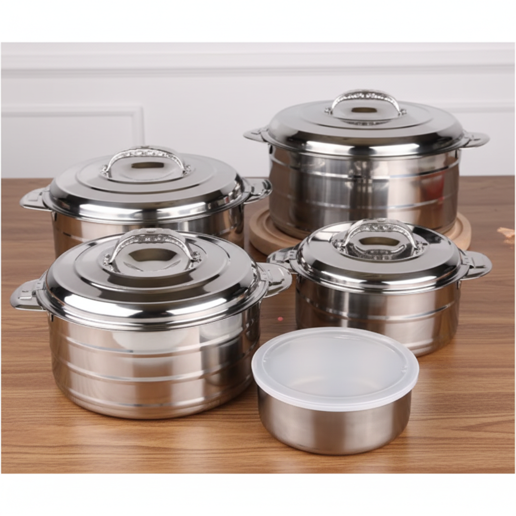 Set of stainless steel cookware with lids on a white background