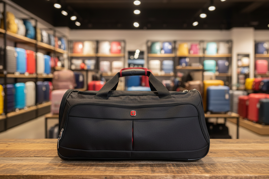 Black duffel bag with a red logo on a light gray background