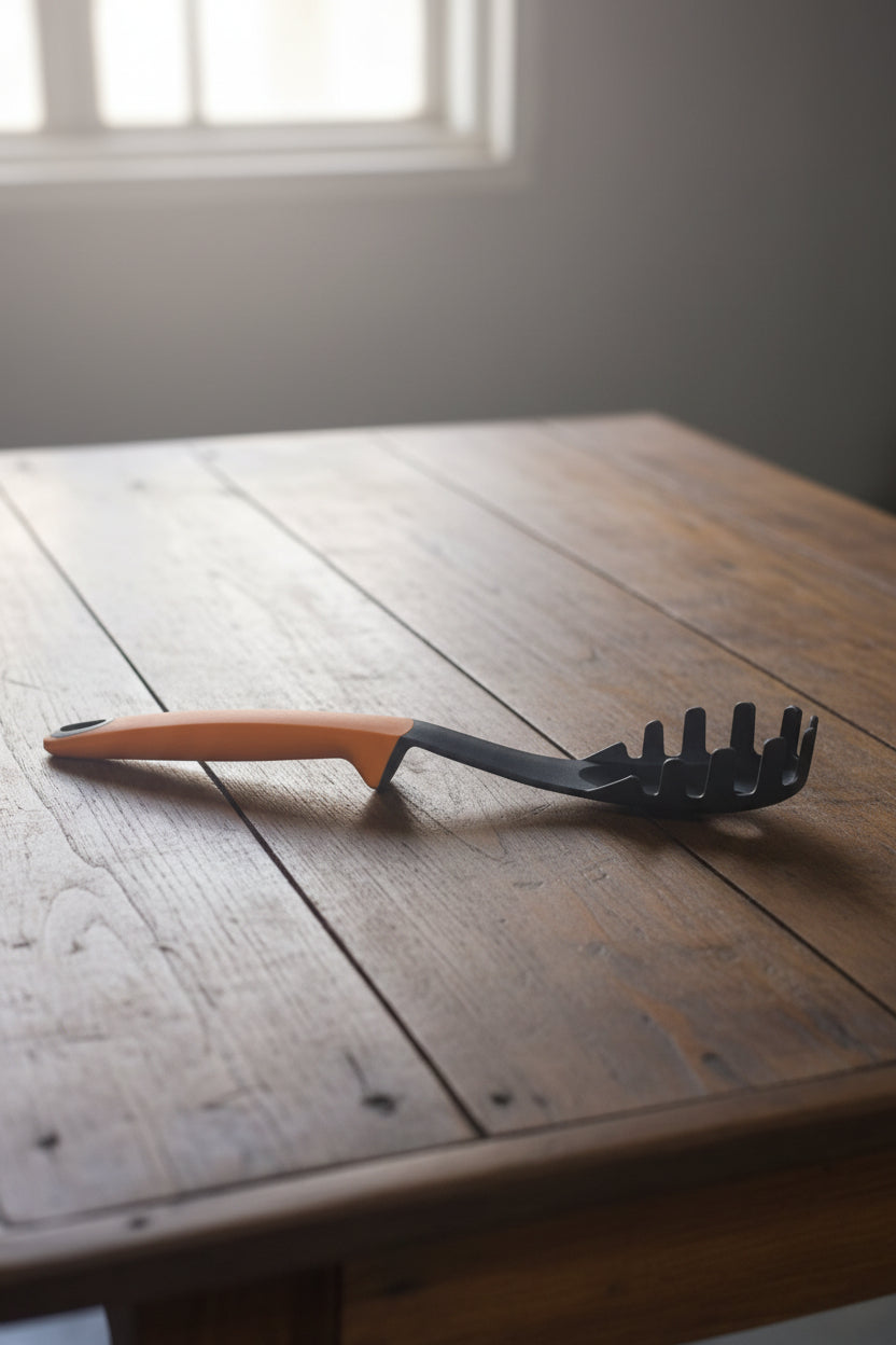 Hand holding a black and orange tool with a blurred background