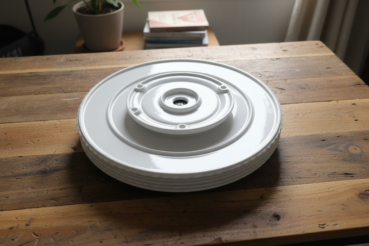 White plastic component on a cluttered background