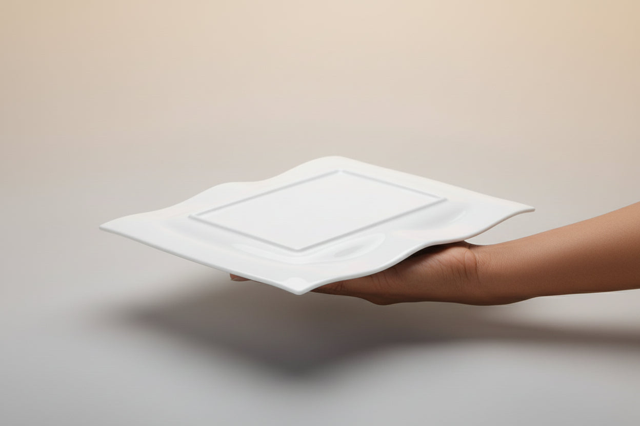 White feather held by a person in a cluttered storage room with shelves of dishes and items.