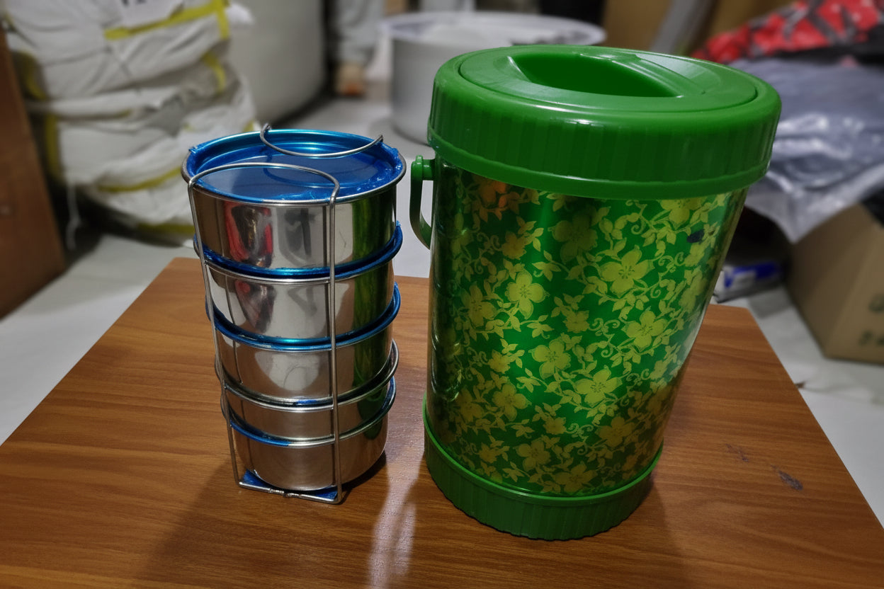 Green and silver cylindrical container on a white surface with plastic wrap