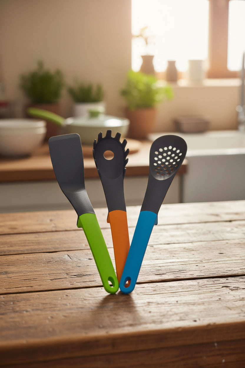 Set of four kitchen utensils with colorful handles held by a person, blurred background