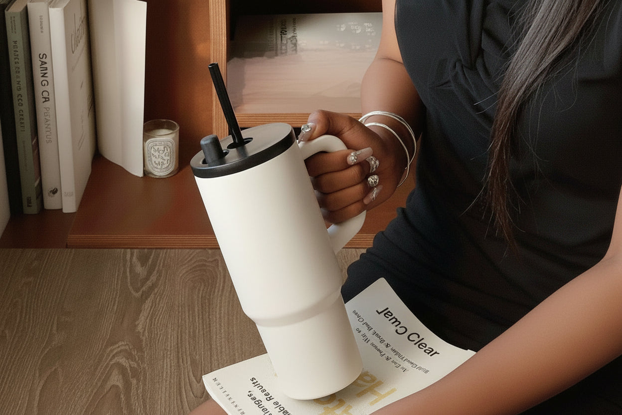 Person holding a white tumbler with a widened handle, sitting on a wooden floor.