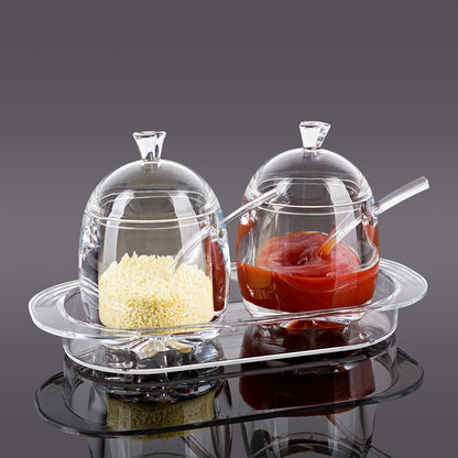 Crystal Clear Melamine Condiment Set – 3-Piece (2 Jars & Tray)