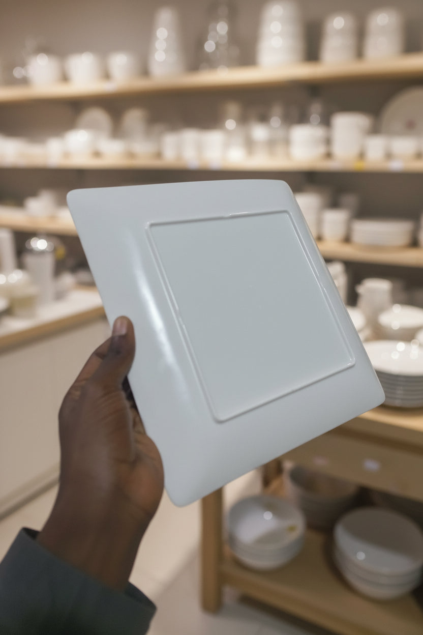 Hand holding a white rectangular object in a cluttered indoor setting