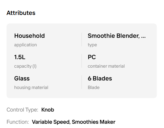 Product attributes of a smoothie blender on a white background