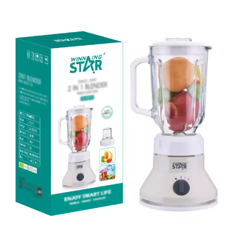 Winn Star blender with fruits inside on a white background